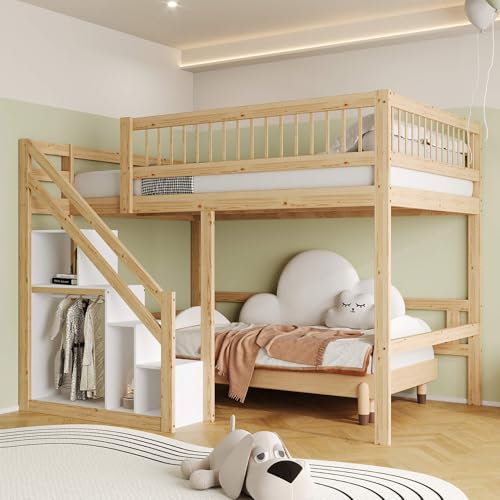 MQGPM Cama alta con espacio de almacenamiento, 140 x 200 cm, con escalera y somier, cama individual de madera con espacio de almacenamiento y protección anticaídas, estructura de madera de pino, cama
