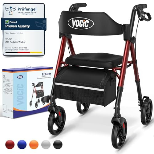 VOCIC Rollator Walker with Seat, Brakes, Bag, Foldable Walking Aid, Adjustable Height, Lightweight Rollator Walker for Disabled, 20cm/8'' Wheels for All Terrain, 5 Year Support,Red