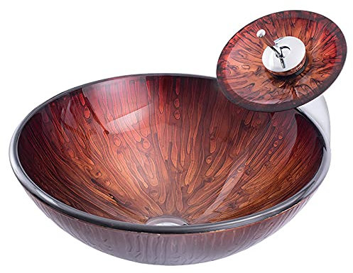 SaryEdge Bathroom Vessel Sink Vanity Tempered Glass Vessel Bowl Sink Round Countertop Sink Bowl with Faucet and Drain Combo Above Counter Sink, Dark Brown(
