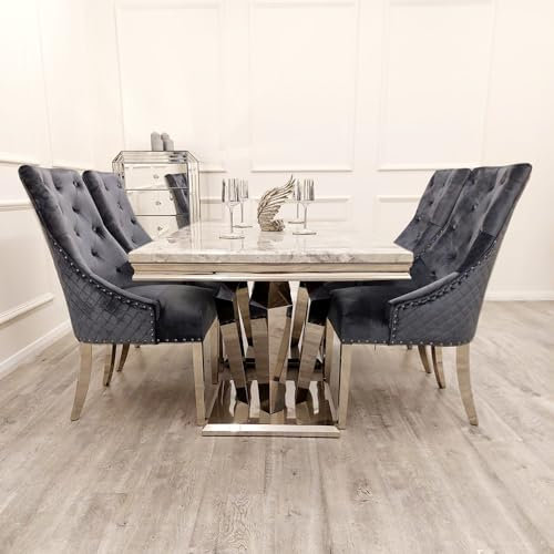 Athena - Mesa de comedor de 1,8 m, base de pedestal con espejo doble, elegante mesa de comedor para 6 personas, disponible en mármol gris claro o parte superior de cristal; mesa de comedor de lujo