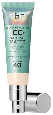 IT Cosmetics Your Skin But Better CC+ Cream Natural Matte LSF 40, 32 ml, Glanz reduzierende, farbkorrigierende und pflegende Foundation mit LSF 40, Getönte Gesichtscreme, Farbton Fair Ivory