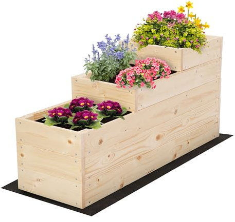 MODO24 Hochbeet Holz, 3-stufiger Pflanzkasten, Blumenkasten, Gemüsebeet, Kräuterbeet, Anzuchtset, Anzuchtkasten, mit Gartenvlies als Unterlage und Schrauben, Abmessungen 45x30x93 cm, Farbe: Natur