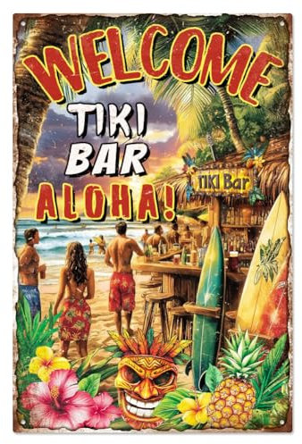 WADORN Blechschild 'Tiki Bar' Aus Metall Im Vintage, 20x30cm Lustiges Retro Blechschild 'Beach Bar Club Art Pub Man Cave' von Beach Bar Welcome Tik Bar Aloha Wandkunst Poster Plakette Für Garage Club