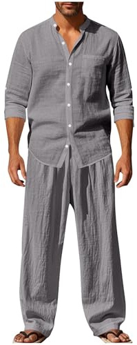 EMATOP Leinen Outfits Herren Sommer Leicht Sportanzug Lässiges Einfarbig Jogginganzug Baumwolle Leinen Tracksuit Casual 2 Teiliges Sommerhemd und Lang Hosen Freizeitanzug Zweiteiler Workout Set