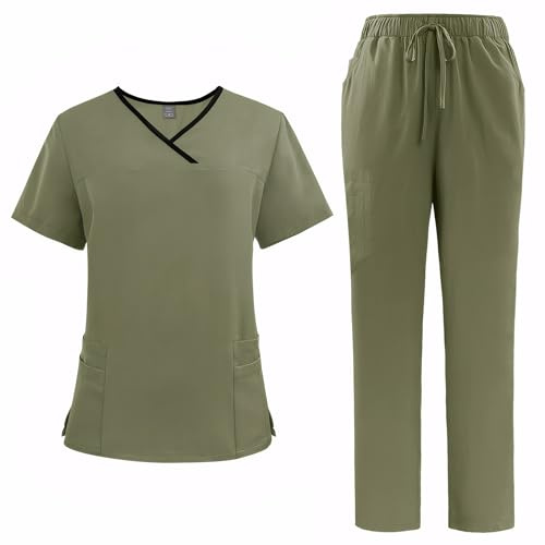 Meichoon Scrub Set Unisex Medical Uniform Set Polyester Breathable Quick Dry Anti Pilling Workwear with 4 Pocket Top Stretch Pants DK51