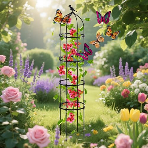 Obélisque pour Roses, Tuteur de Jardin Colonne Rosiers Support pour Plantes Grimpantes en Acier, Ø 20 25 28 32 36 40cm Métal Tour Fleurs pour Rosiers Vignes Glycine Décoration(Black,D32xH145CM)
