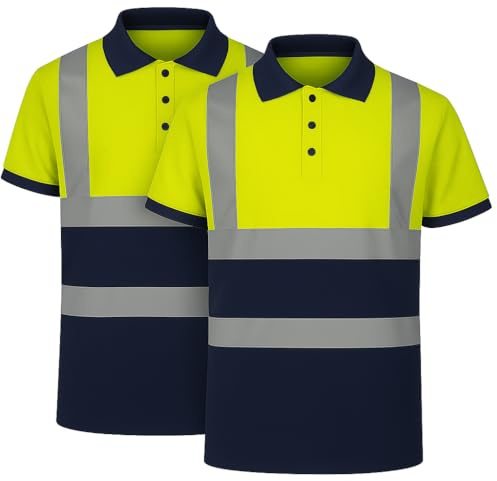 NIYS High Visibility Polo Shirt Yellow Orange Navy Safety Security Work Breathable Lightweight Workwear Top Reflective Tape Small to 3XL (UK, Alpha, 3XL, Regular, Regular, Pack of 2 Yellow Navy)