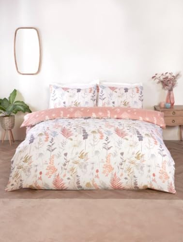 Rapport Camargue Complete Bedding Set, Single, Floral Reversible Duvet Cover with Fitted Sheet and Pillowcase, White/Peach
