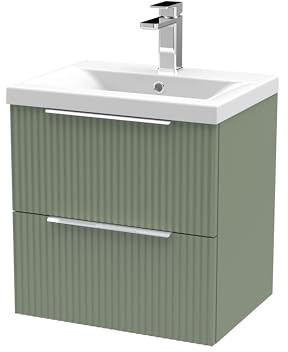 Balterley Vanity Unit with Basin Wall Hung, 2 Drawer Soft Close with Mid Edge Sink and Handles, Bathroom Vanity Units with Basin, Fluted Front Sink Cabinet - 510 x 390 x 540mm (Green)