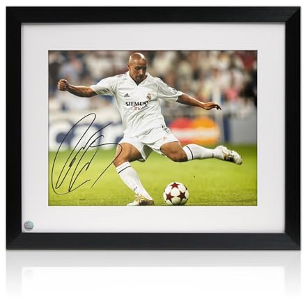 Exclusive Memorabilia Roberto Carlos Signed Real Madrid Football Photo. Framed