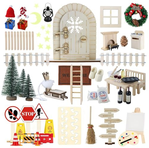 Weihnachts-Wichteltür-Set DIY-Zubehör, Gemütliche und Phantasievolle Weihnachtskulisse Feenhaus-Adventskalender, Kamin Bastel Deko-Set