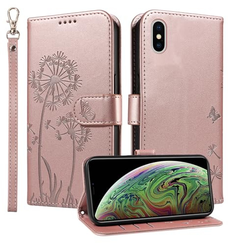 Trugox Handyhülle für Apple iPhone X/iPhone XS Klapphüll Löwenzahn Hülle Klappbare mit Kartenfach Handytasche Schutzhülle Handy Tasche Leder Wallet Flip Case Cover - Rosa Gold