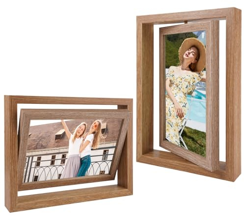 Xyvor Drehbarer 360° Photo Frame, Doppelbilderrahmen 13x18 cm | Holz Rotationsrahmen Erinnerungsfotorahmen, Doppelseitiger Bilderrahmen, mit Acrylplatte, für Weihnachten Geburtstag Hochzeit