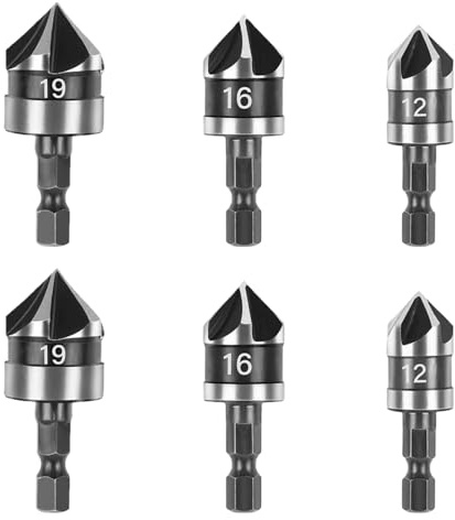 6 Pcs Countersink Drill Bit, Chamfering Countersink Drill Bit Hex Shank 1/4 Inch 12mm/16mm/19mm, 5 Flute 90 Degree Counter Sink Drill Bits for Wood