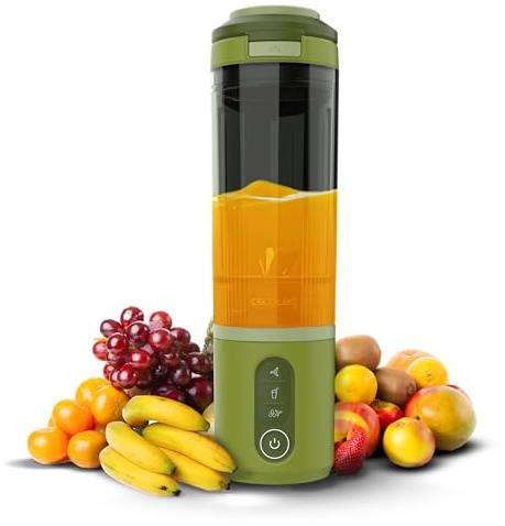 Cecotec Tragbarer Smoothie Maker Power Titanium Shake2Go Olive. 180 W, 600 ml To-Go-Becher mit Dichtdeckel, 3 Automatikprogramme, Anti-Blockier-Design, USB-C, Trinkfertige Smoothies für Unterwegs