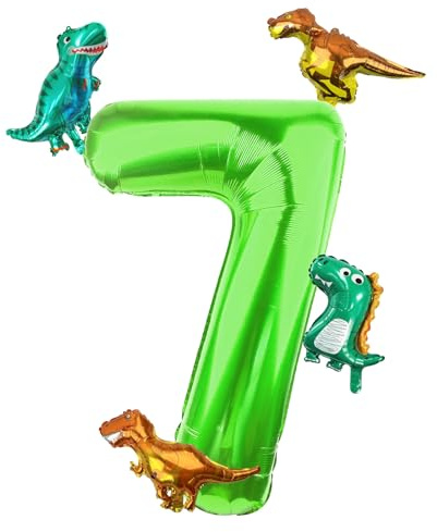Morofme Dino Zahlen Luftballon 7, 40 Inch Luftballon Zahlen mit 4 Stück Dino Luftballon, Grün Folienballon 7, Dinosaurier Helium 7 Luftballon Zahl für Dschungel Thema Geburtstag, Jubiläum Partydeko