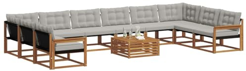 vidaXL Outdoor-Sofagarnitur mit Kissen 11 pcs Natürlich und Hellgrau, Garten, modernes Sofa-Set für draußen, langlebige Loungemöbel, wetterfest, tolle Terrasse-Couch