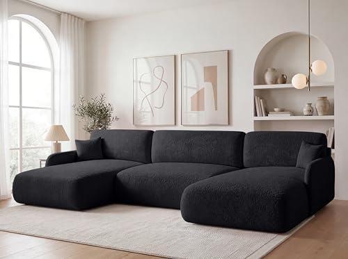 KP-Meble U-Form Wohnlandschaft mit Schlaffunktion 360x175 cm Bouclé Beige – Großes Schlafsofa mit Bettkasten, Moderne Couch mit Stauraum Pierr (Anthology 19)