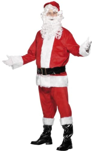 Smiffys Deluxe Santa Costume, Red Jacket, Trousers, Belt, Hat, Boot Covers & Beard, Christmas Adult Fancy Dress, Santa Dress Up Costumes