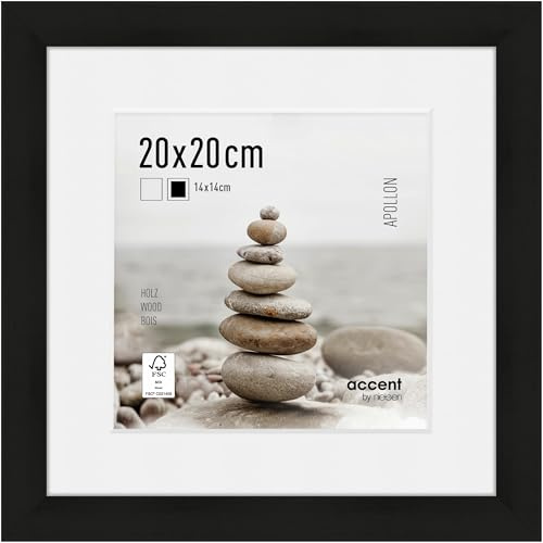accent by nielsen Holz Bilderrahmen Apollon, 20 x 20 cm, Schwarz | Holz Fotorahmen mit Passepartout im Hoch- & Querformat zum Auftstellen und Aufhängen Schwarz matt Echtglas