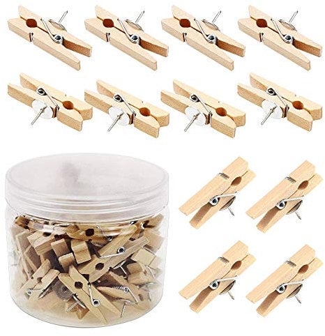 Stecknadeln mit Holzklammern 50 Stück Stecknadeln Reißnägel Reißzwecken Holz Clips mit Push-Pins für Kork Bretter Kunstwerke Notizen Fotos Handwerk