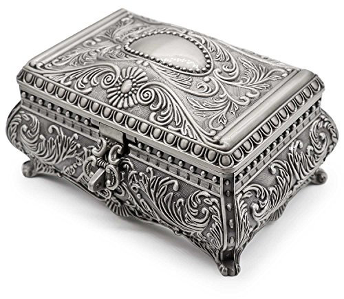 AVESON Rectangle Antique Metal Jewelry Box Trinket Storage Organizer Gift Box Chest Ring Case with Floral Engraved for Girls Ladies Women, Large