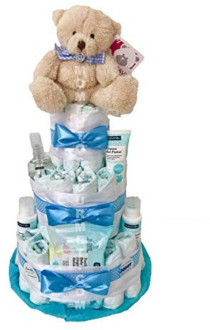 Tarta de Pañales Personalizable Azul Regalo Bebé Recién Nacido Niño Niña Canastilla Bebe Recién Nacido. Chupete Gel Toallitas Loción Crema. Cesta Accesorios Bebe Recien Nacido Regalos Mamás Primerizas