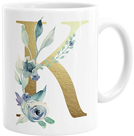 Personalised Initial K Any Letter Gold Shimmer Floral Mug Coffee Cup Tea