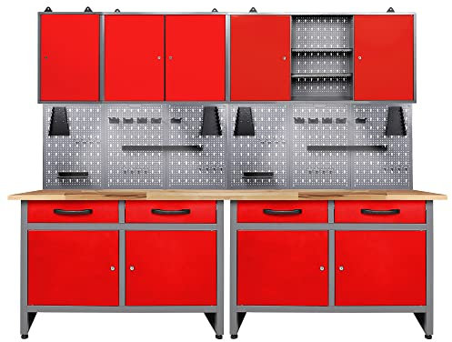 Ondis24 Werkstatteinrichtung rot 7-teilig Werkbank Werkzeugschrank Werkzeugwand/Lochwand mit Haken + 2X LED Lampe