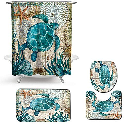 EnHome 4-teiliges Badvorleger-Set Duschmatte + Kontur Matte + WC-Deckelbezug + Duschvorhang, rutschfeste Badvorleger für Küche, Dusche und Toilette - Meerestier (Schildkröte)