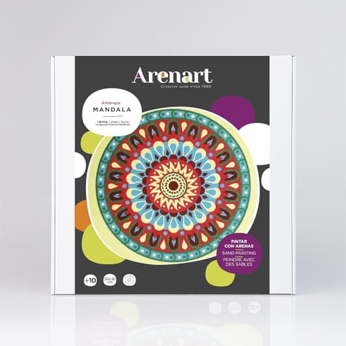 ARENART | Pack 2 Mandalas 38x38cm | mit farbigem Sand malen | Kunsthandwerk für Erwachsene und soziale Einfache Zuges | Malen nach Zahlen | +9 Jahre