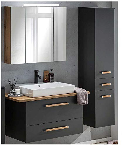 Lomadox Badmöbelset mit Keramik Waschtisch DABO-04 in anthrazit mit Landhaus Eiche B/H/T 150/200/50 cm