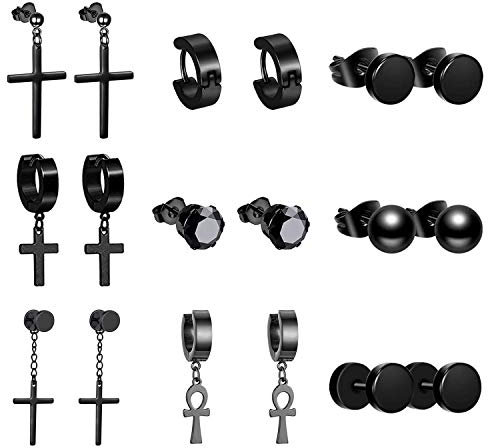 OIDEA Unisex Ohrringe Kreuz Schwarz: 9 Paare Herren Damen Creolen mit Ankh Kreuz Ohrhänger Ohrschmuck Set aus Edelstahl Ohrstecker mit Zirkonia Geschenk für Männer Frauen