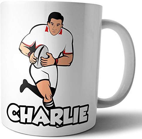 AK Giftshop Personalised Mug - Rugby Player White Red England - Gift - Birthday - Christmas - Stocking Filler - Secret Santa