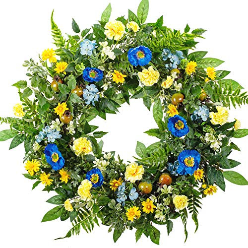 WANNA-CUL 24 Inch Spring Summer Carnation Flower Wreath for Front Door,Blue and Yellow Floral Door Wreath with Pomegranates,Papaver Rhoeas,Daisy,Fern Leaf for Wedding Wall