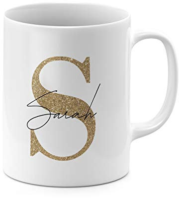 Tirita Personalised Mug Initial with Name, Custom Gift for Mum, Dad, Kids or Girls. [02 - Gold Glitter Name] Printed Glitter, NOT Real Glitter