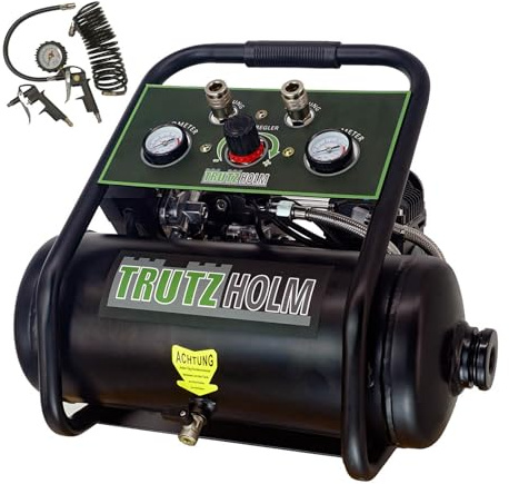 TRUTZHOLM Brushless Silent Flüsterkompressor innenbeschichtet 900 W / 9 Liter silent leise 62dB Druckluft, Kompressor, ölfrei, 8 bar, Ansaugleistung 128 L/Min inkl. Zubehör