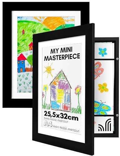 Americanflat Cadre Dessin Enfant à Changer A4 Noir avec Passe-Partout et 25,5 x 32 cm sans Passe-Partout - Cadres avec Ouverture Frontale Pouvant Contenir 100 Pièces - Lot de 2