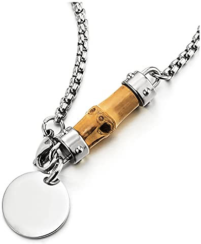 COOLSTEELANDBEYOND Femmes Homme Acier - 60CM Chaîne de blé Bambou Charmes et Pendantes Surface du Miroir Cercle Charmes Pendentif Collier