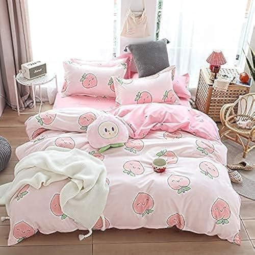 Homewish Cartoon Duvet Cover Set Double Pink Peach Bedding Set Kid Kawaii Bedding Set Girl Lovely Peach Comforter Cover Cute Fruits Quilt Cover Tropical Plant Bedding Soft Bedspread Cover Room Decor