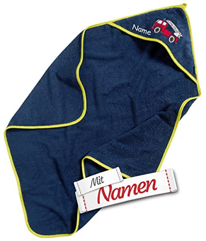 LALALO Feuerwehr Kapuzenhandtuch mit Namen Bestickt für Baby & Kinder, Frottee Badetuch Badehandtuch/Kinder-Badetuch mit Kapuze personalisiert