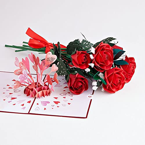 Lovepop® rote Rosen Papierblumen & 3D Pop-Up Karte Allergikerblumen Papierrosen zum Geburtstag, Muttertag, Jahres- oder Hochzeitstag | inkl. Umschlag & Versteckfach für Geld & Gutscheine