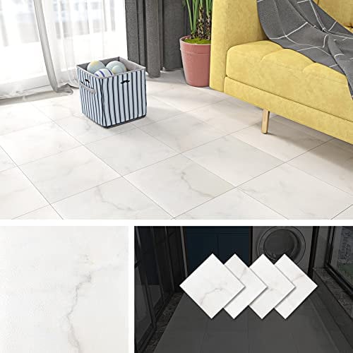 Livelynine Lino Sol Beige 30x30cm Dalle PVC Adhesive Sol Marbre Carrelage Adhesif Sol-Imperméable-Épais-Revetement de Sol pour Salle de Bain Cuisine Chambre Salon Corridor, Blanc/Bleu/Beige, 4 Dalles