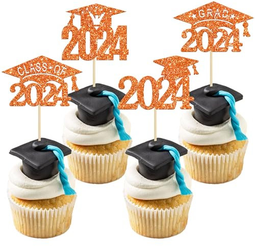 24 Stück 2022 Graduation Cupcake Toppers Glitter 2022 Graduation Cap Cupcake Picks für 2022 Graduation Party Kuchen Dekorationen Supplies Orange
