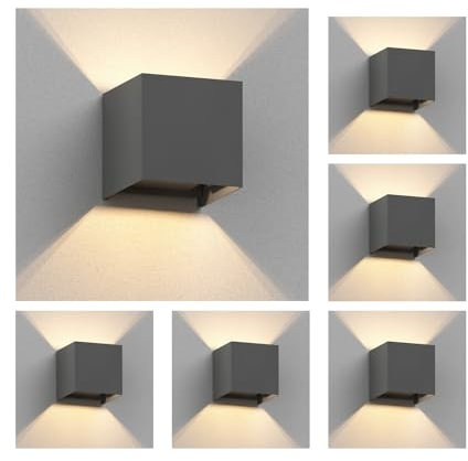 ledscom.de 6 Stück Wandleuchte CUBEL für außen, anthrazit, IP65, Up & Downlight, quadratisch + LED Lampe 501lm, warmweiß