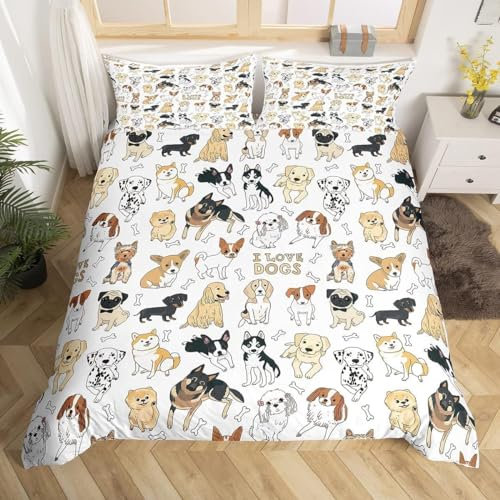 Homewish Cute Dog Duvet Cover Single Size Pug Corgi Puppy Comforter Cover Watercolor Animal Grey Reversible Bedding Set for Kids Boys Teens Bedroom Dorm Decor Dog Lovers Quilt Cover