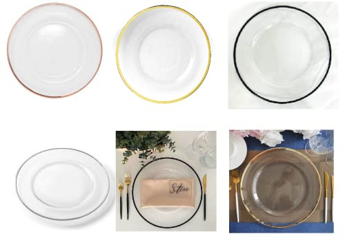 H Homedelight1234 Delight Design Glass Charger Plate Black/Gold, Silver & Rose Gold Rim Decorative Wedding Dinner Plate mats (Black, Pack of 2)