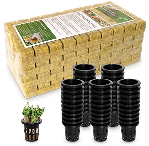 Jowlawn 2,5 cm Steinwollwürfel für Hydrokultur, 200 Stopfen mit 50 Stück 3,8 cm Netztöpfen, Hydrokultur-Zubehör, Becher zum Wurzeln, Klonpflanzen, Starten von Samen, ideale Steinwolle für