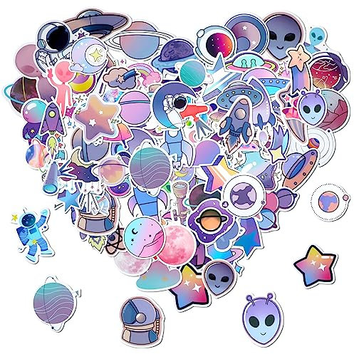 Bewudy 100 Pcs Cartoon Space Stickers Purple Planet Rocket Stars Astronomy Stickers for Kids Boy Girl Water Bottle Skateboard Laptop Stickers Decals