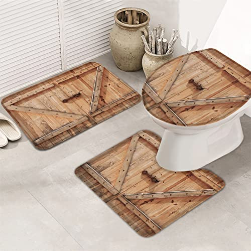 3 Teiliges Badteppich Set Vintage Brownen Bauernhaus Tür Geometrie Dreieck Anti-Rutsch Contour Badteppich Waschbar Wc-Deckelbezug Badematte